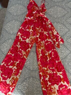 Bright Pink Floral Tie-Waist jumpsuit